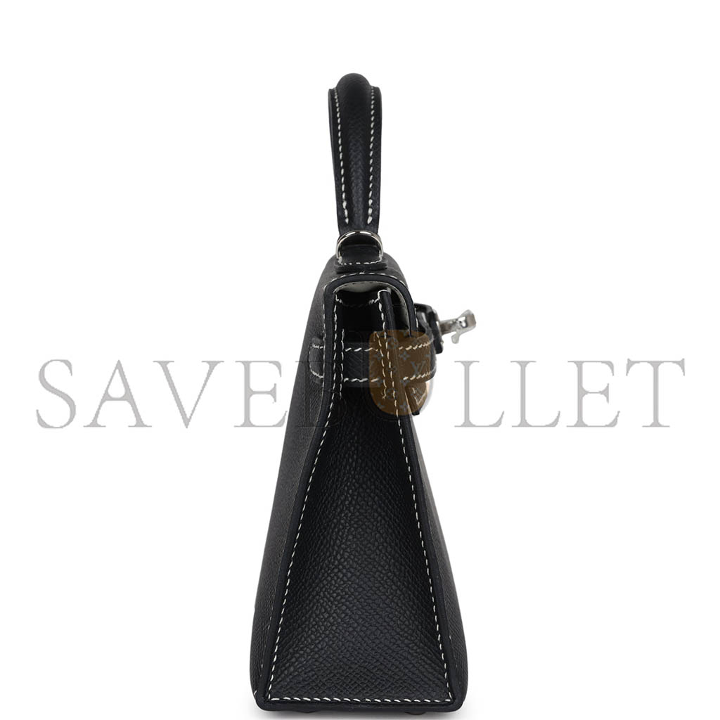 HERMÈS MINI KELLY II BLACK VERSO EPSOM PALLADIUM HARDWARE (19*12*5.5cm)